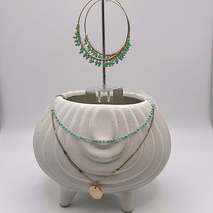 Boho Necklace And Earring Set - Faceted Turquoise & Gold Chain Necklace W/Hoops